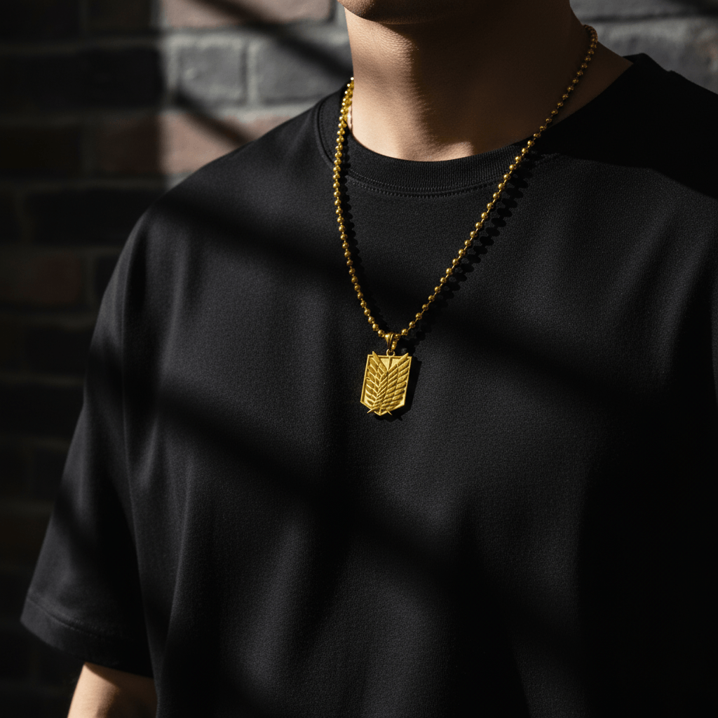 Person wearing a black t-shirt with a gold necklace against a brick wall.