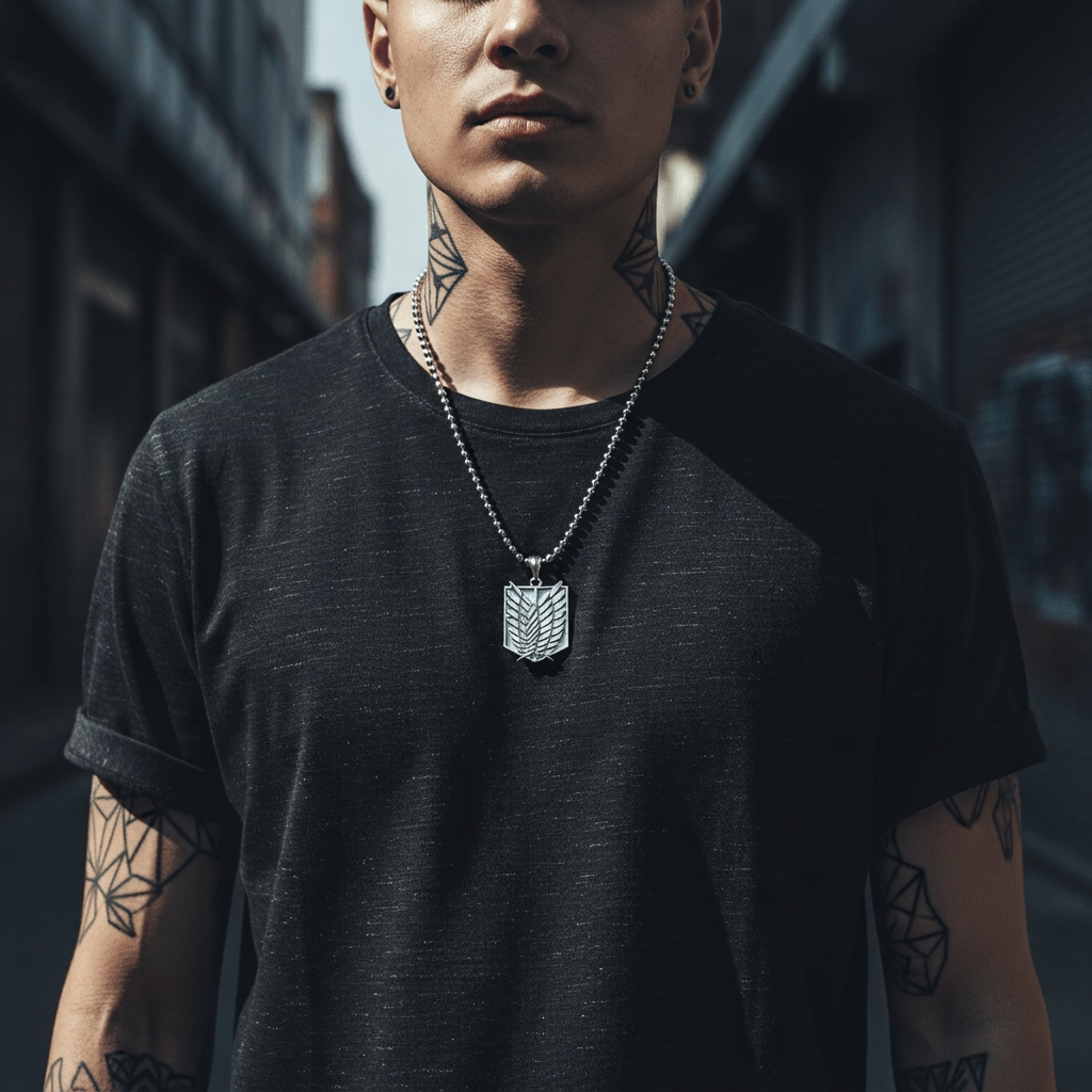 Person wearing a black t-shirt with a necklace, standing in an urban setting.