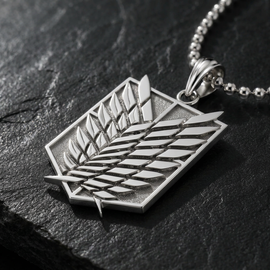 Silver pendant with a leaf design on a dark stone surface