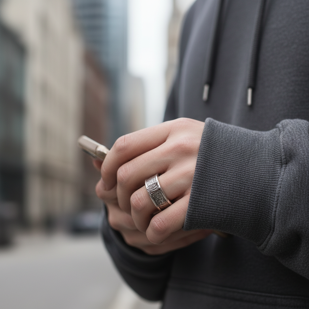 Person wearing a gray hoodie and a ring, holding a phone with a blurred cityscape background