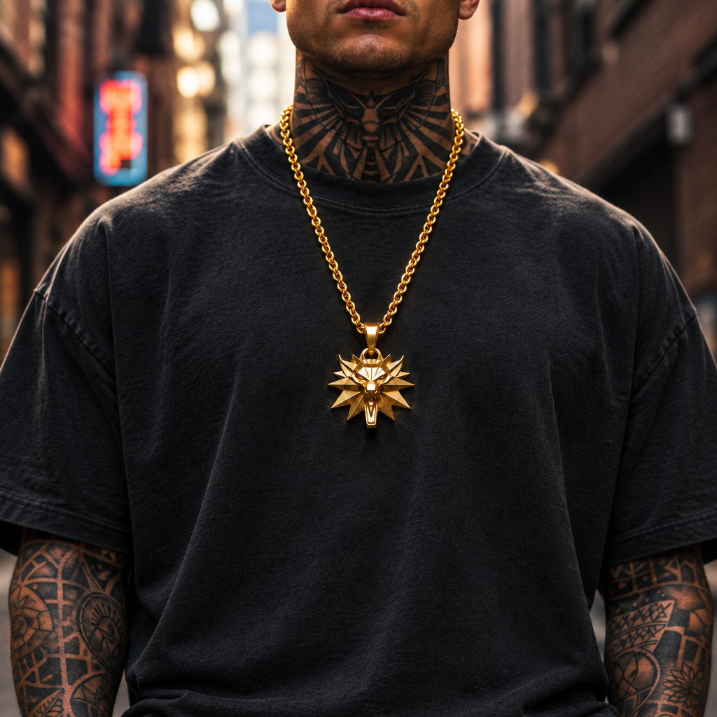 Person wearing a gold necklace with a star pendant on a blurred street background
