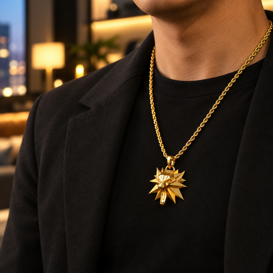 Person wearing a gold necklace with a star-shaped pendant on a blurred city street background