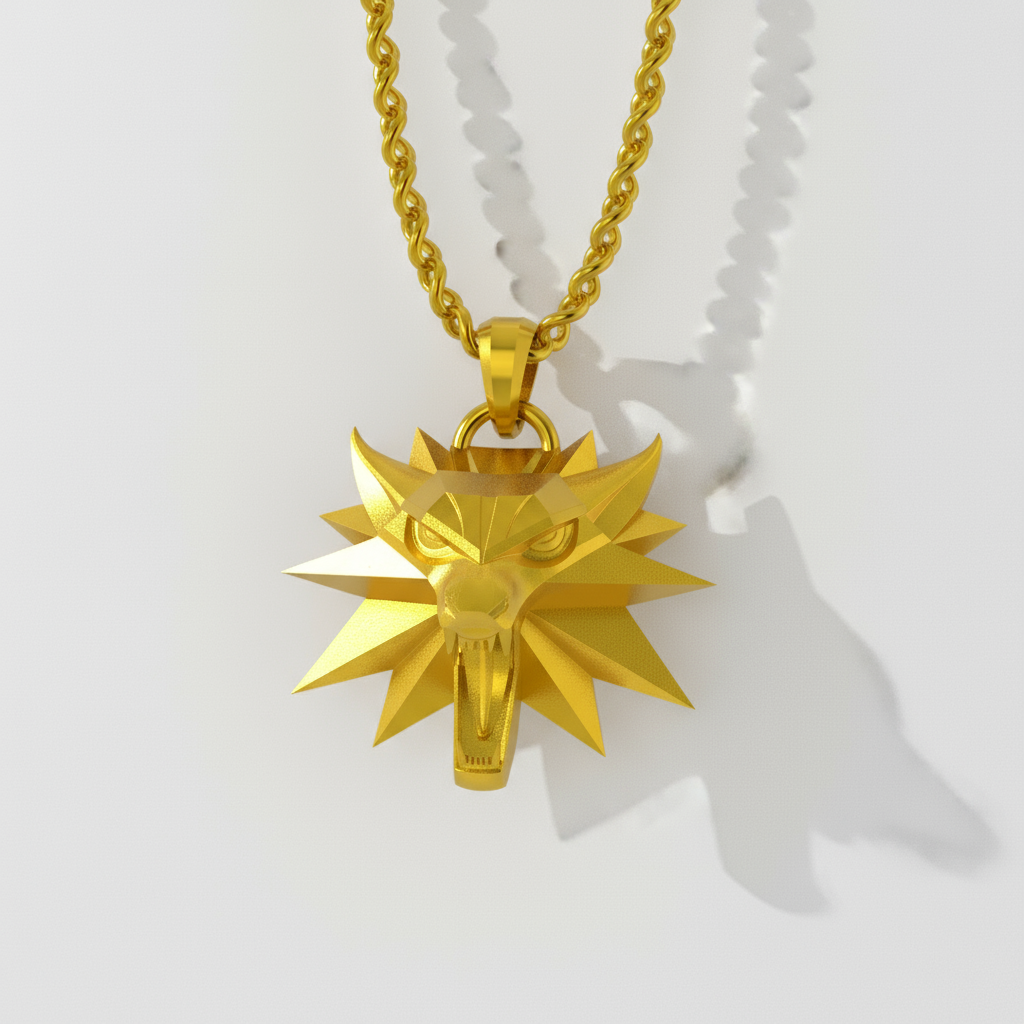 Gold necklace with a wolf head pendant on a white background