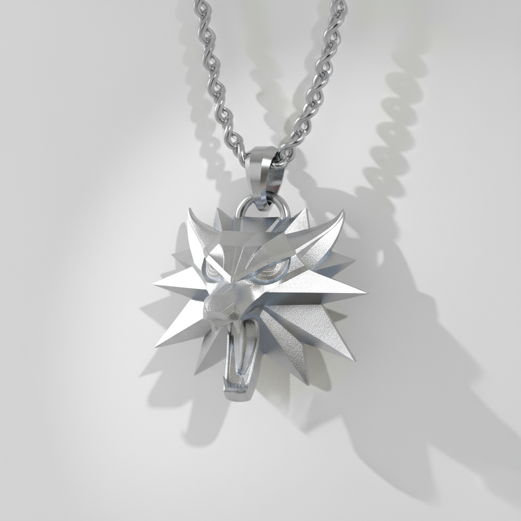 Gold wolf head pendant necklace on a white background