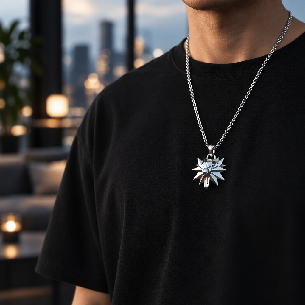 Person wearing a black t-shirt with a silver necklace featuring a star pendant against a cityscape background.