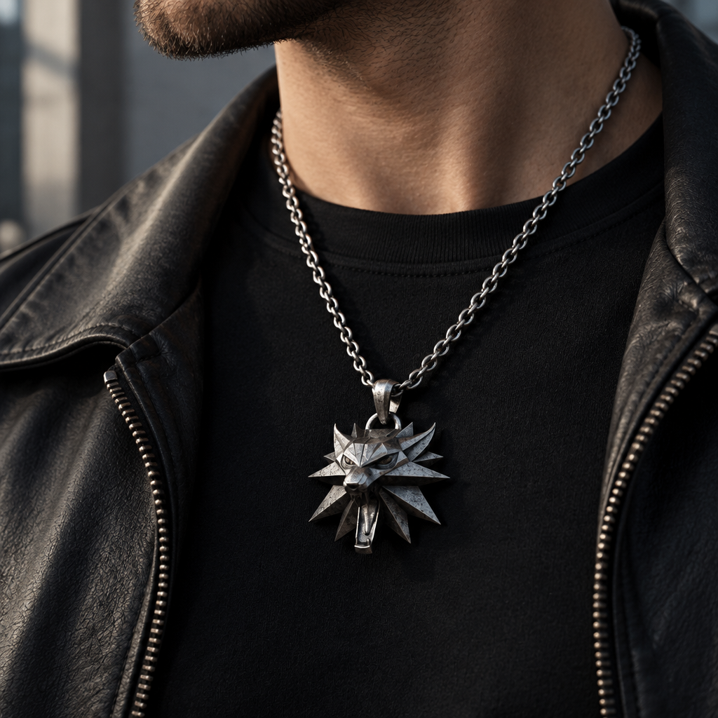 Person wearing a black shirt with a silver necklace featuring a star-shaped pendant.