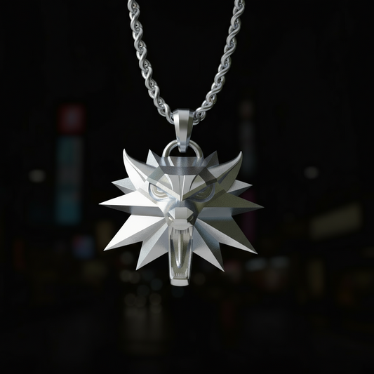Silver wolf head pendant necklace on a dark background