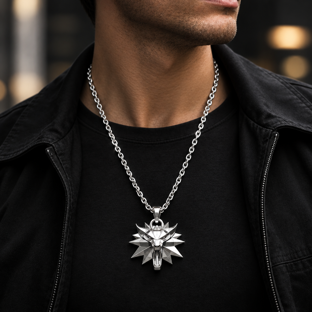 Man wearing a dark gray t-shirt with a necklace, standing against a blurred background.