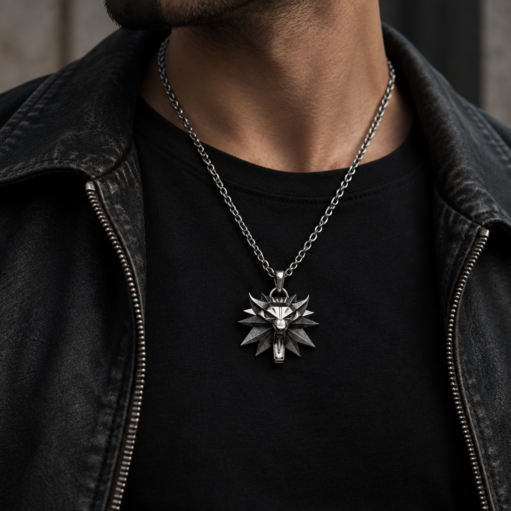Person wearing a black t-shirt with a silver necklace featuring a star pendant, standing against a blurred background.