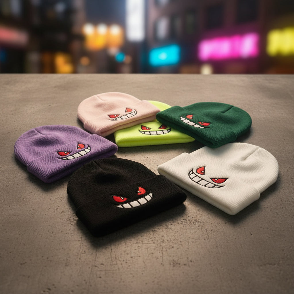 Stack of beanies with cartoon face designs on a wooden surface