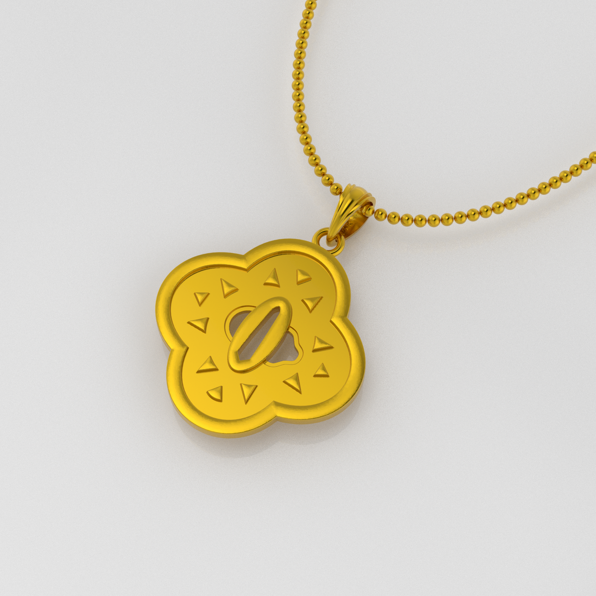 Stormflash Handguard Pendant in 14K Gold on a chain, featuring a unique floral design with triangular accents.