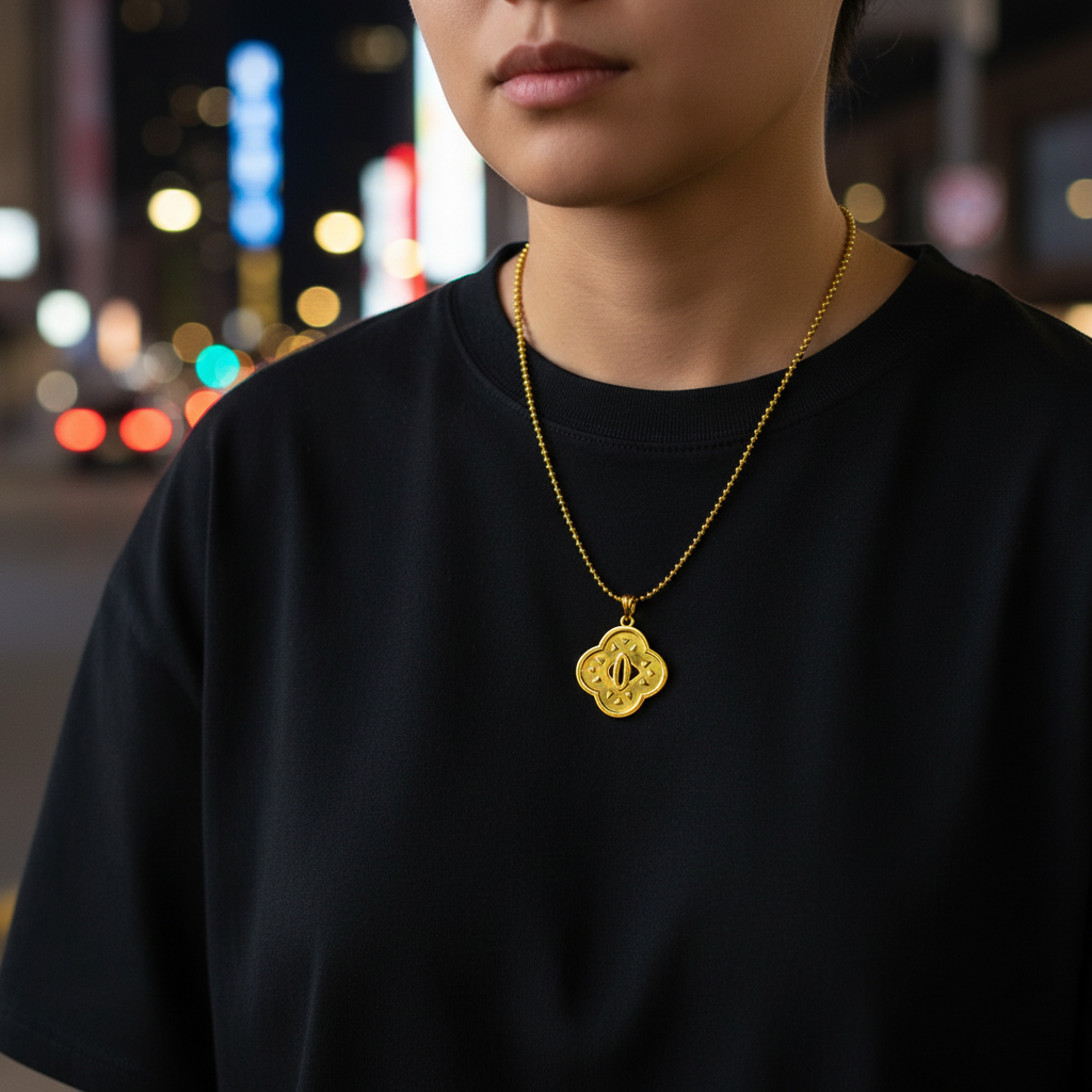 Person wearing Stormflash Handguard Pendant in 14K Gold on a chain, showcasing its elegant design in a nighttime urban setting.