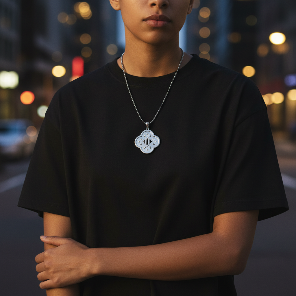 Model wearing the Stormflash Handguard Pendant in 14K Gold against an urban backdrop.