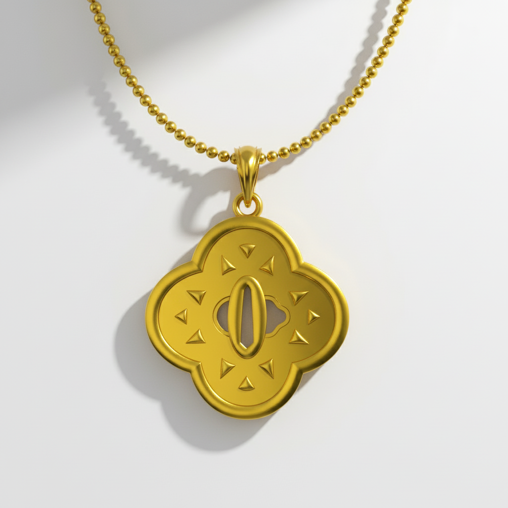 Stormflash Handguard Pendant in 14K Gold on a gold chain, showcasing a unique floral design.