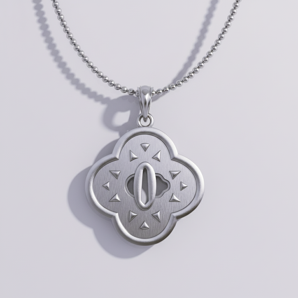 Stormflash Handguard Pendant in 14K Gold with a unique floral design on a silver chain.