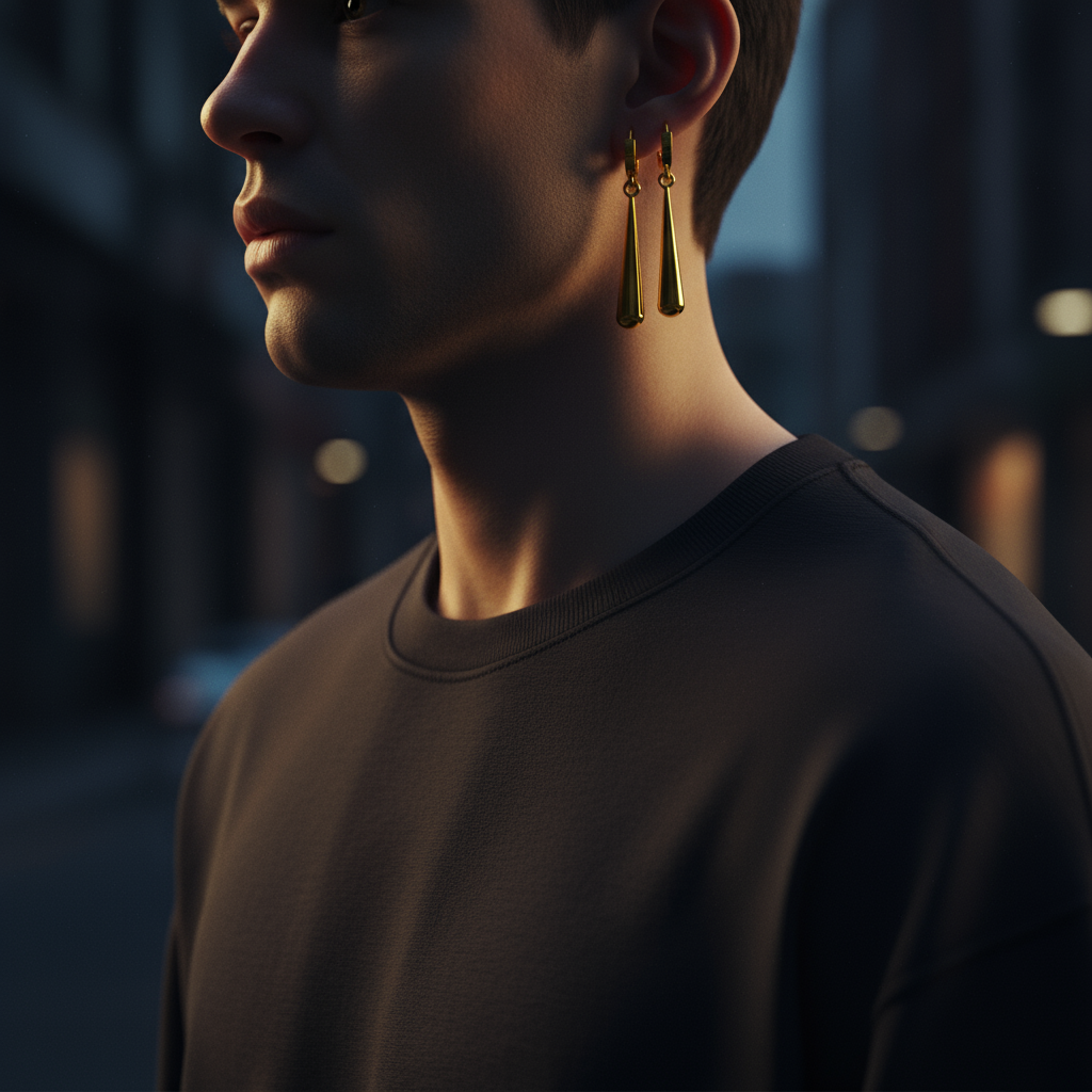 Person wearing gold earrings with a blurred background