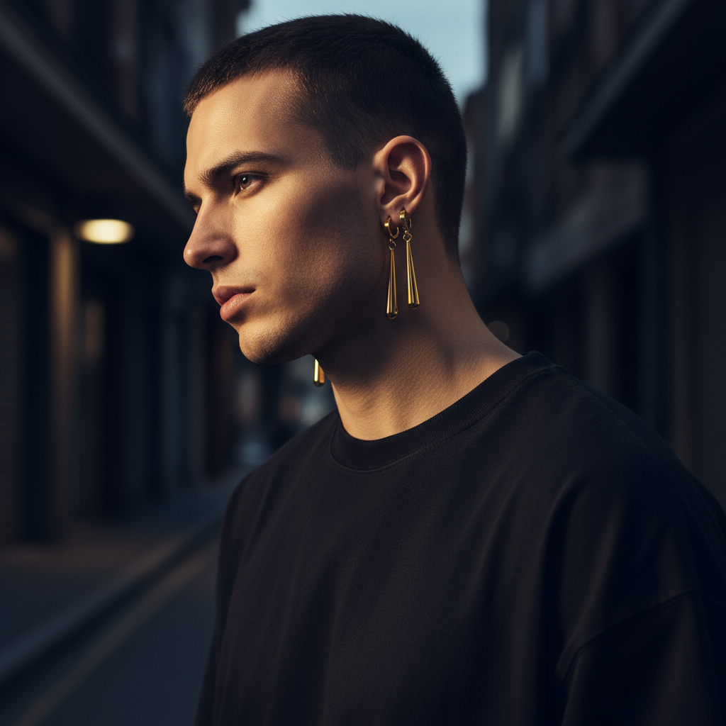 Man wearing gold earrings in a dimly lit urban setting