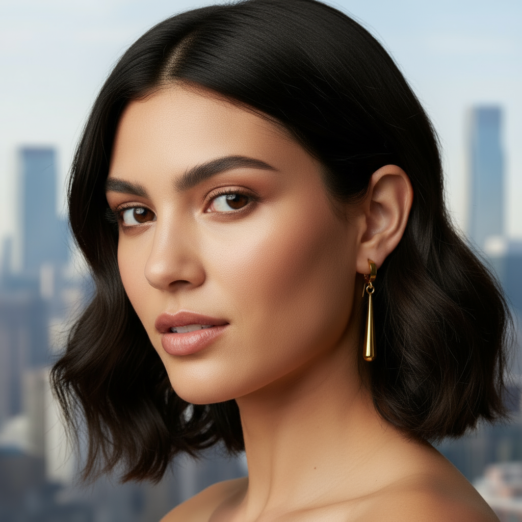 Woman with dark hair and gold earring against a cityscape background
