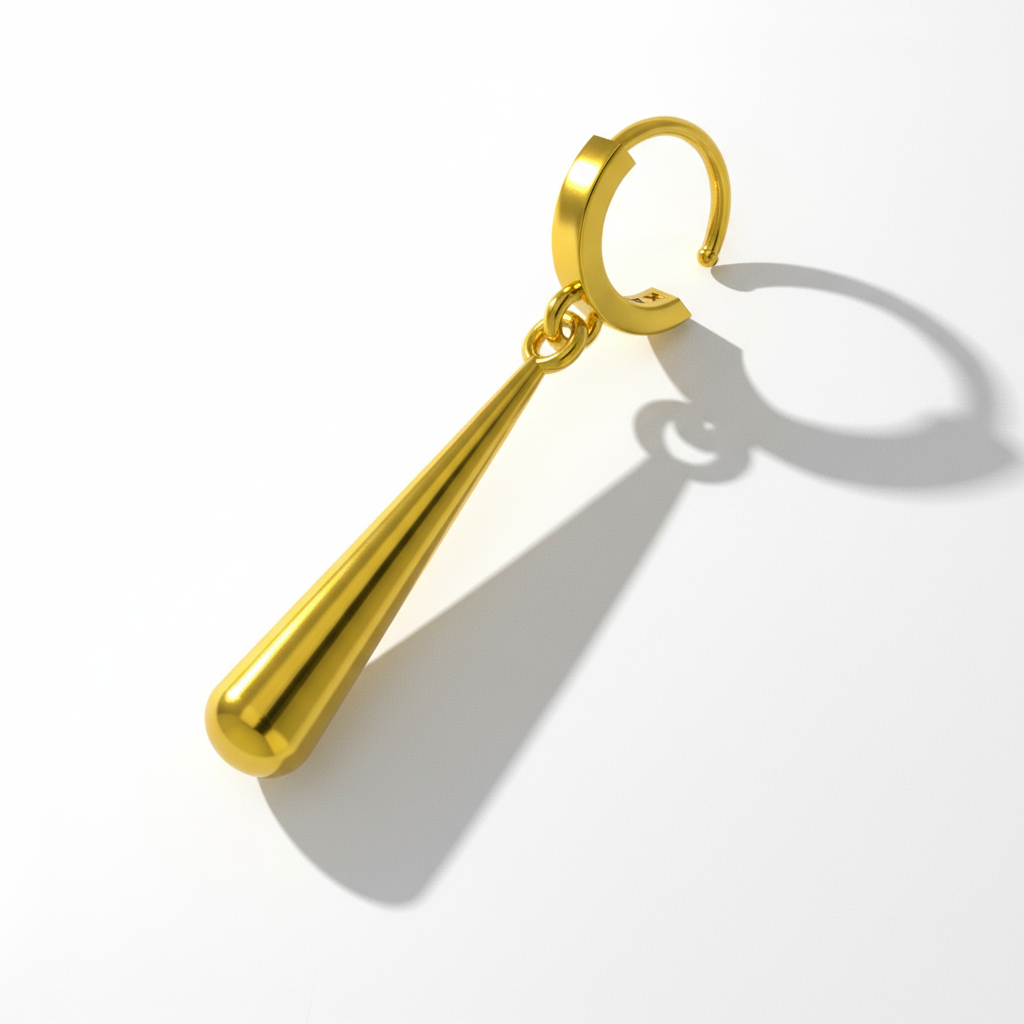 A set of three gold-colored earrings with a sword motif, placed on a wooden surface.