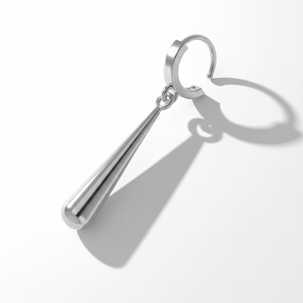 Silver keychain with a hanging cylindrical pendant on a white background
