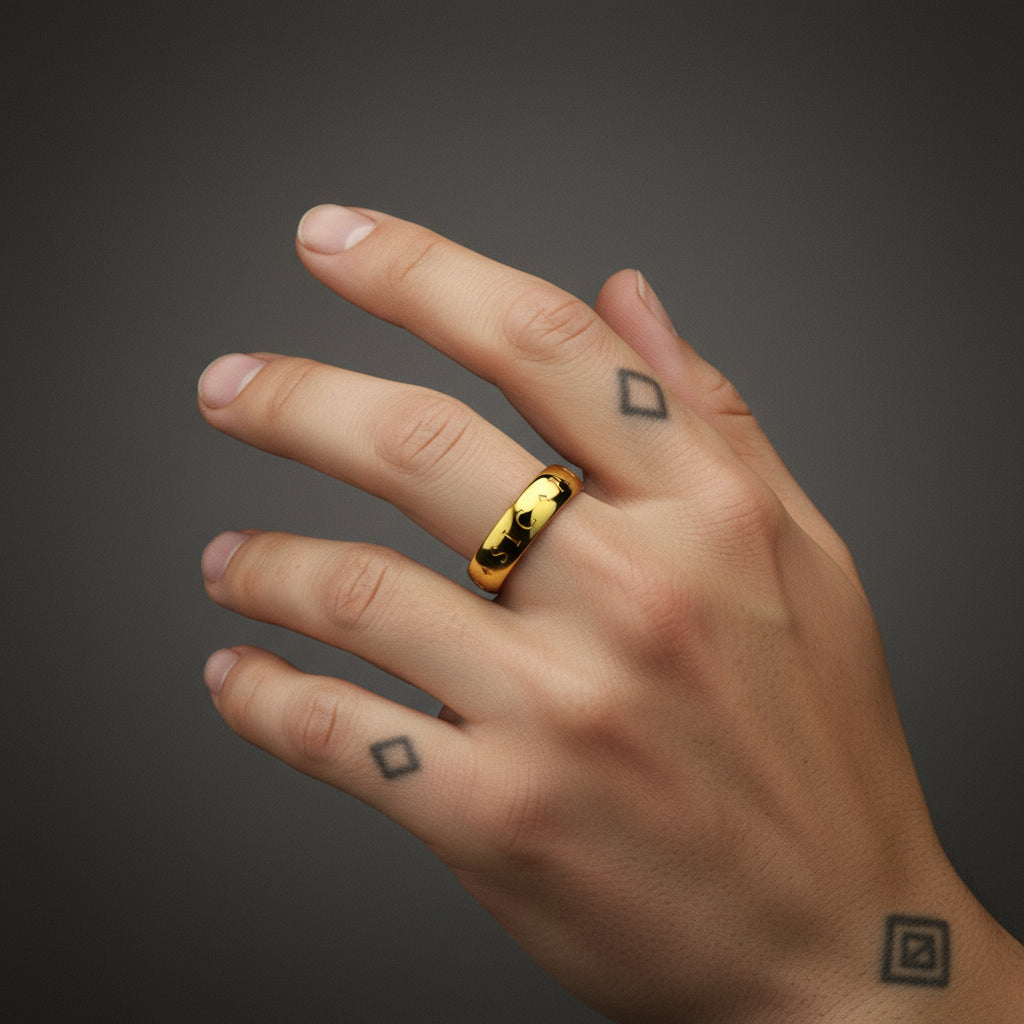 Hand wearing a gold ring with a dark background