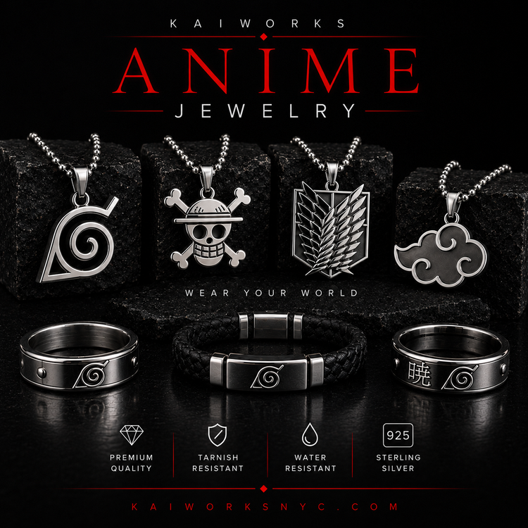Person wearing a gold pendant representing Anime Jewelry on a city street at night.