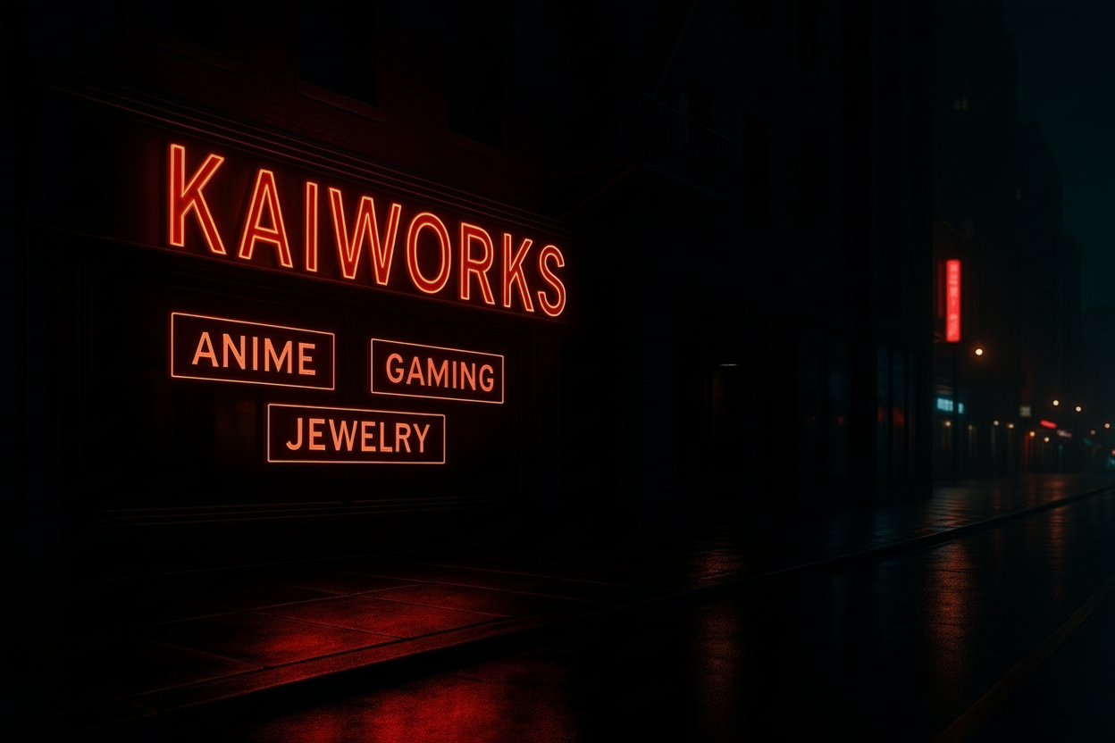Neon sign for Kaiworks with services listed on a dark background