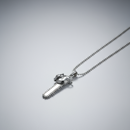 Silver chain necklace with a unique pendant on a gray background