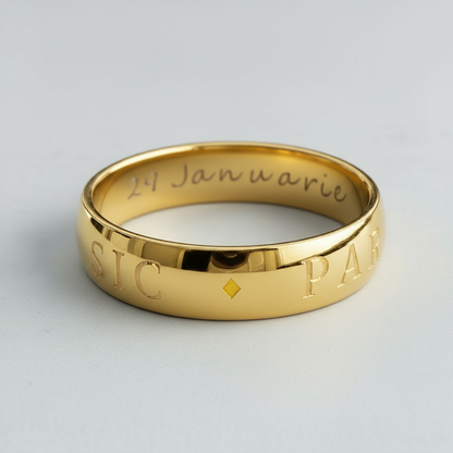 Gold ring with engraved text on a light gray background