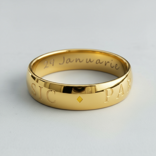 Gold ring with engraved text on a light gray background