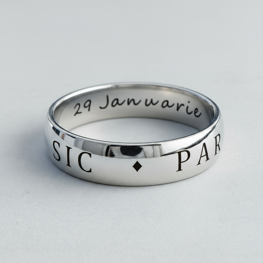 Silver ring with engraved text on a light gray background