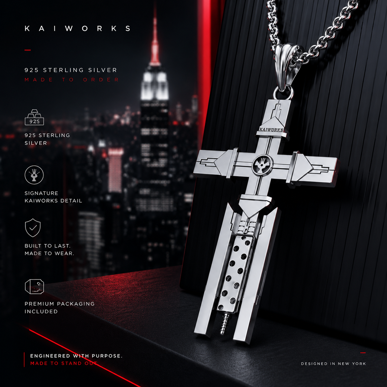 A silver cross pendant with a sci-fi weapon design hangs from a chain against a dark, stylized background with a blurred city skyline. The left side features promotional text for KAIWORKS, including '925 Sterling Silver' and product feature icons.