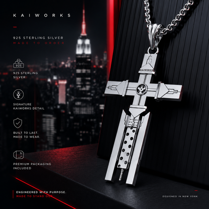 A silver cross pendant with a sci-fi weapon design hangs from a chain against a dark, stylized background with a blurred city skyline. The left side features promotional text for KAIWORKS, including '925 Sterling Silver' and product feature icons.