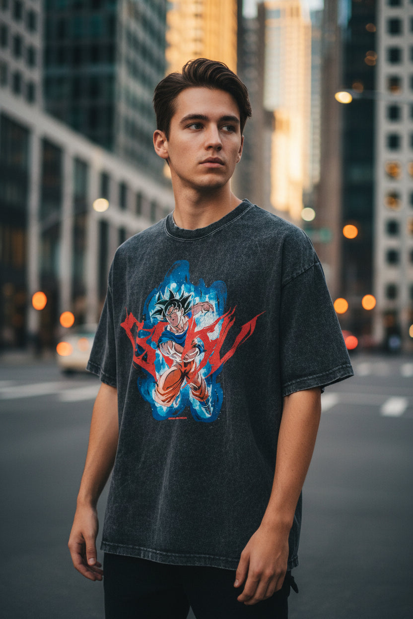 Black t-shirt with a graphic design of a character in a dynamic pose on a white background