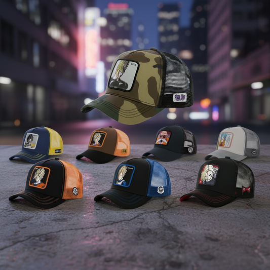 Collection of various caps with different designs on a wooden surface with a forest background