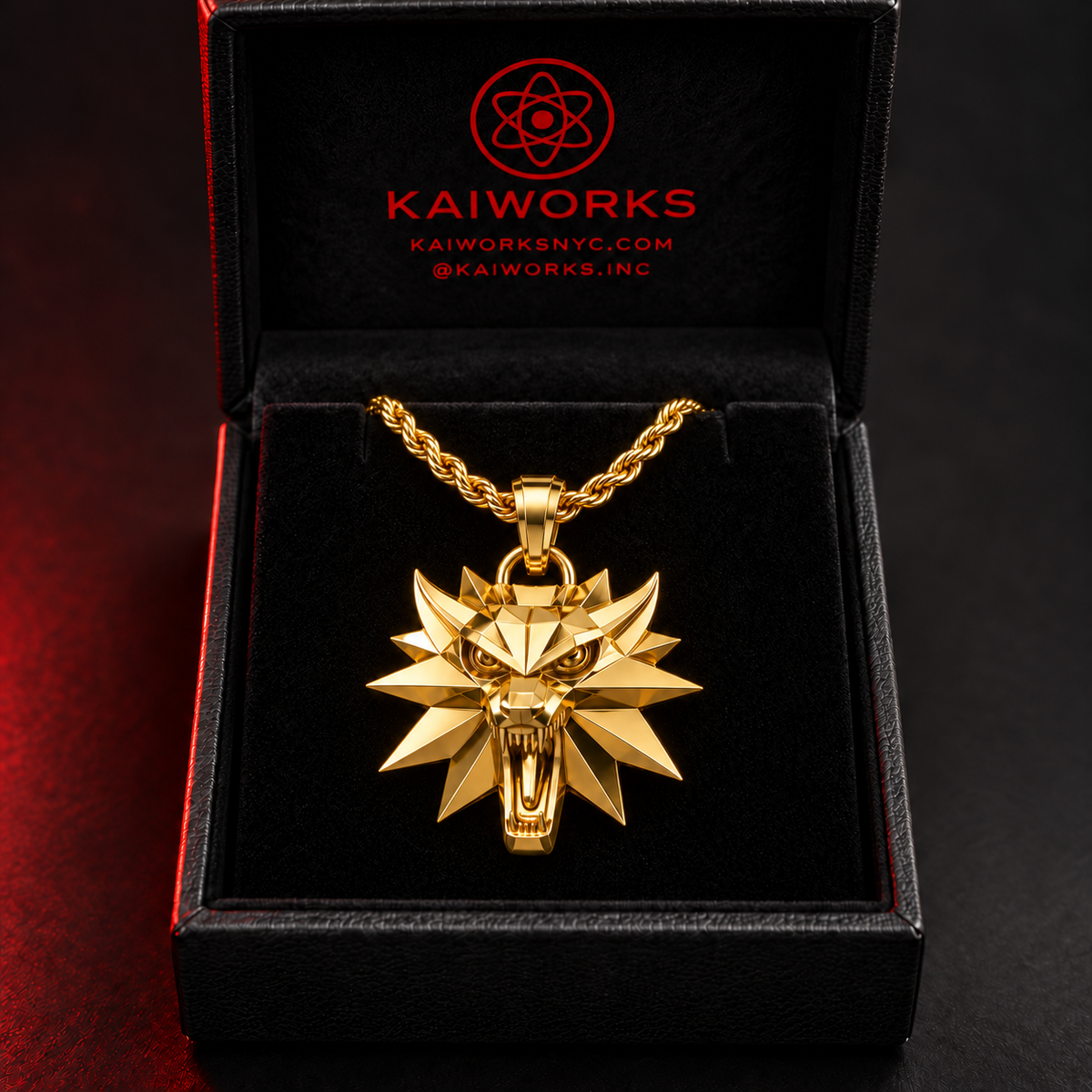 A gold wolf head pendant necklace displayed inside an open black Kaiworks gift box with a black velvet interior. The box lid features the red Kaiworks logo and website text.