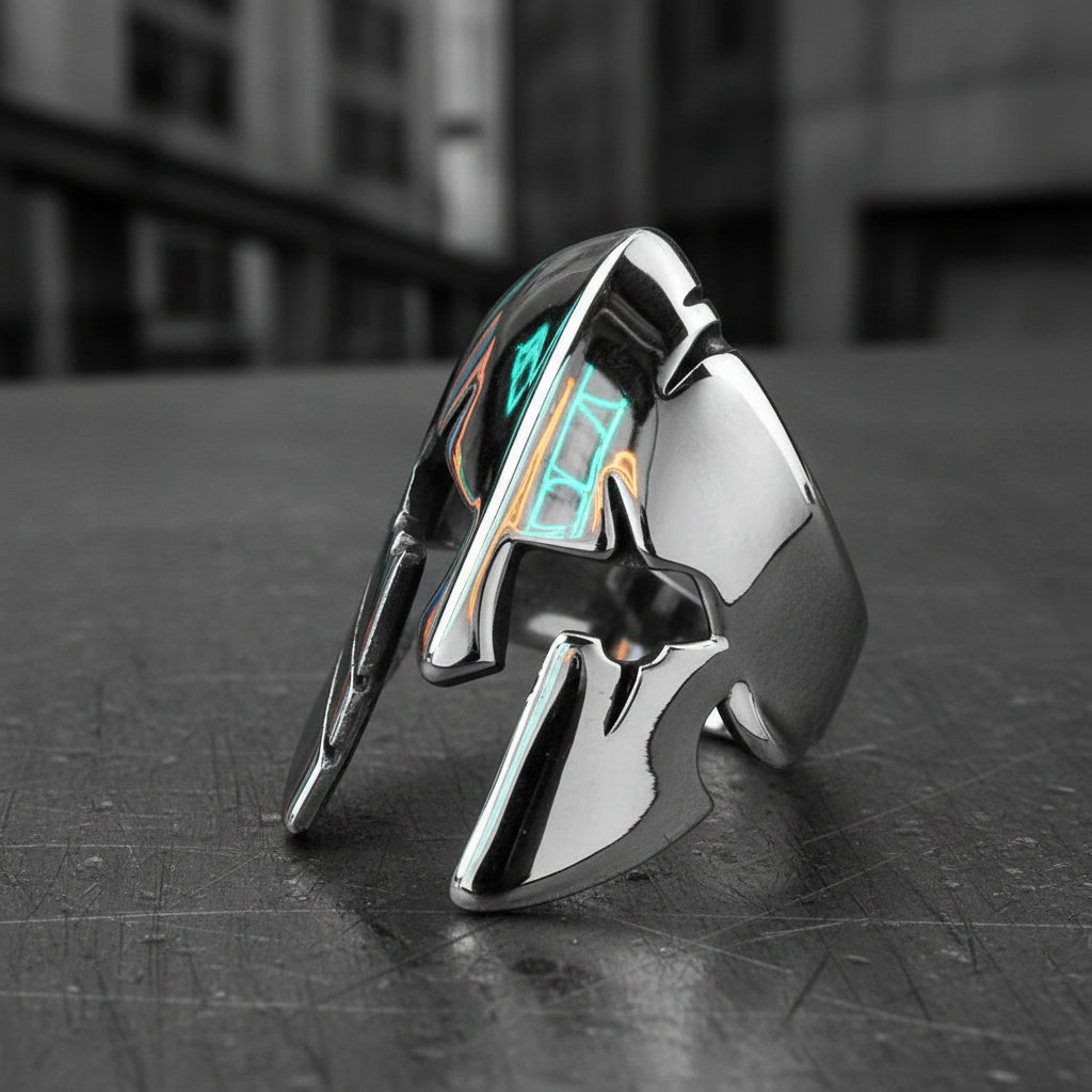 Silver ring with a unique design on a gray background