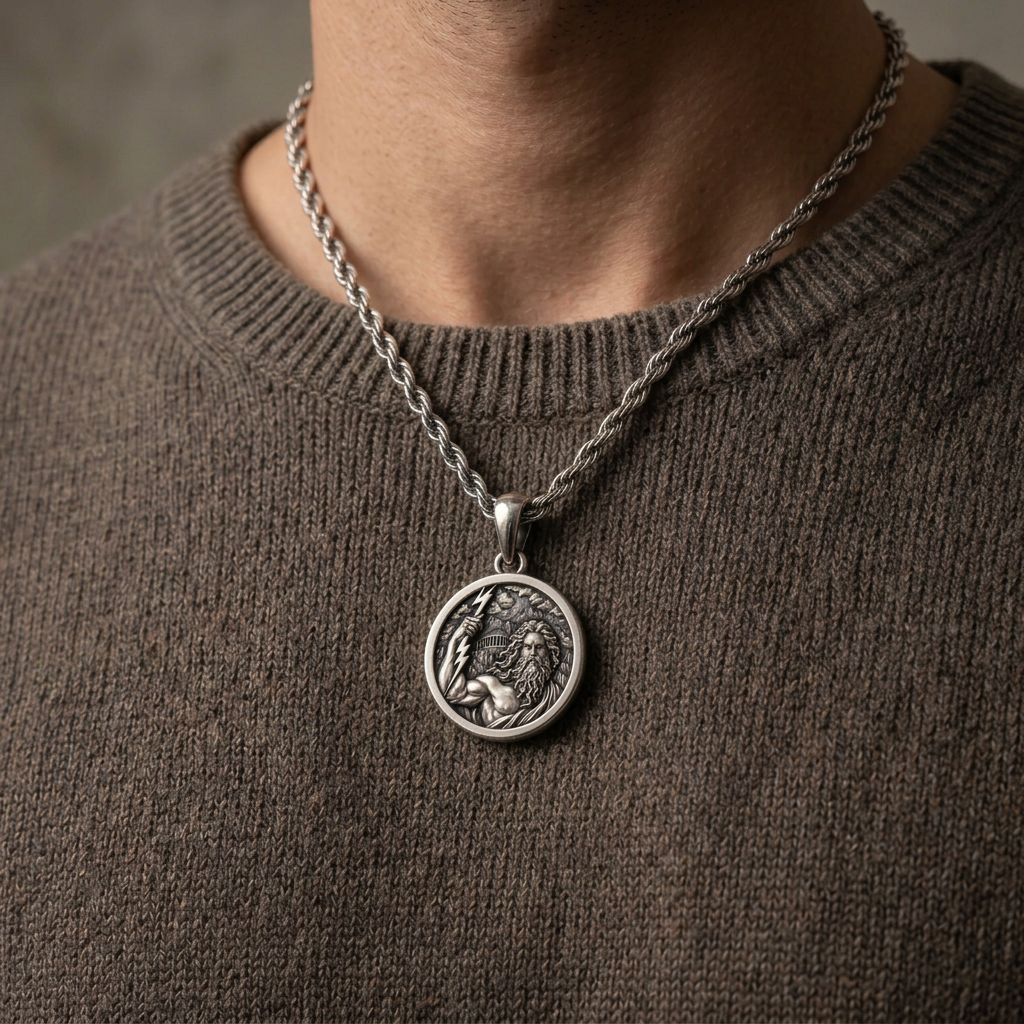 Zeus Medallion worn on a silver chain, showcasing an intricately designed Greek God of Thunder pendant.