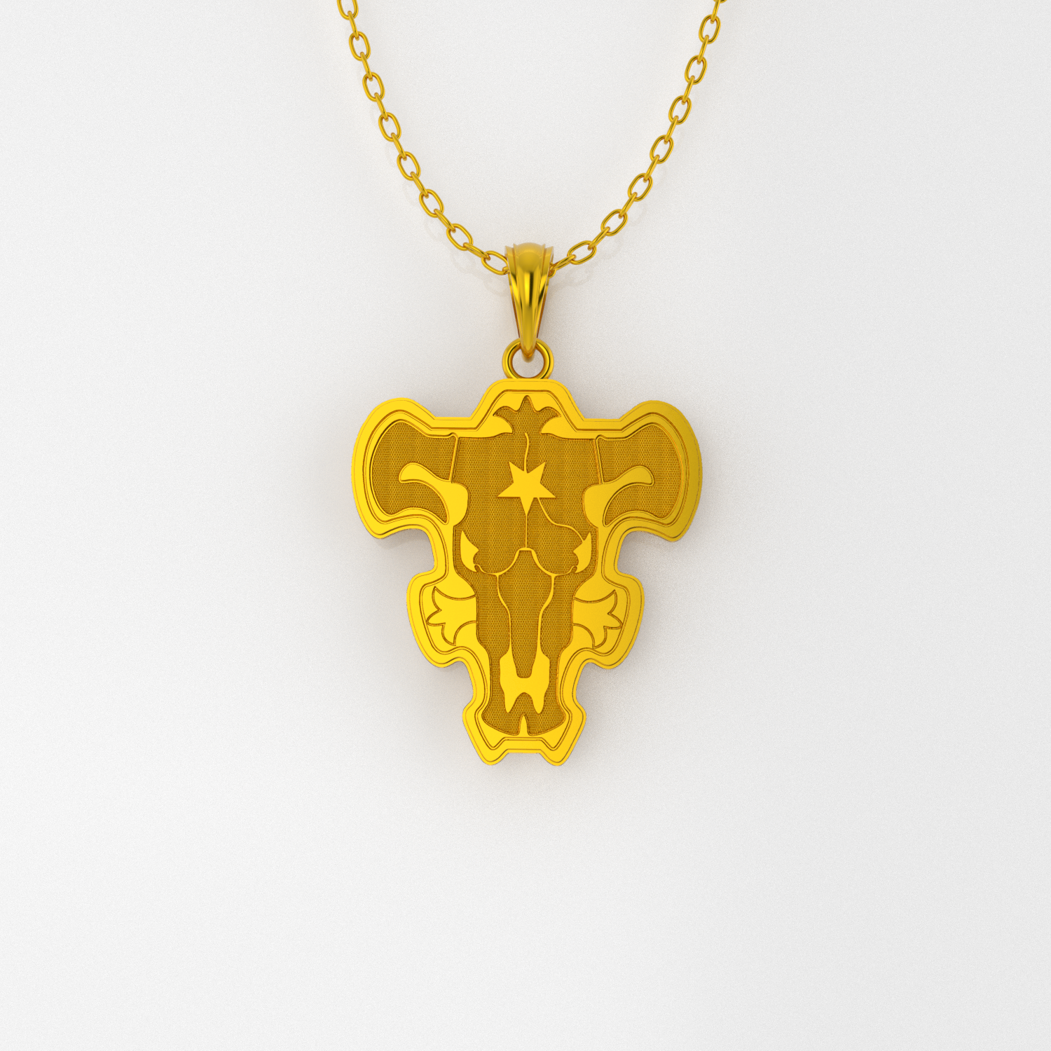 A silver pendant with the Black Bulls emblem from the anime series Black Clover, set against a backdrop featuring various characters from the series.