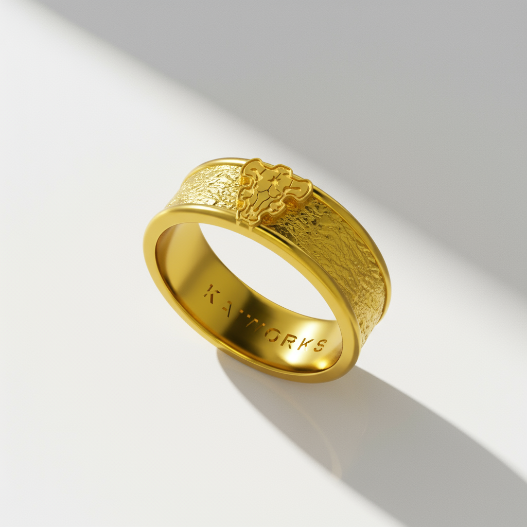 A gold-colored ring with an engraved design, displayed against a dark background with various anime character illustrations.