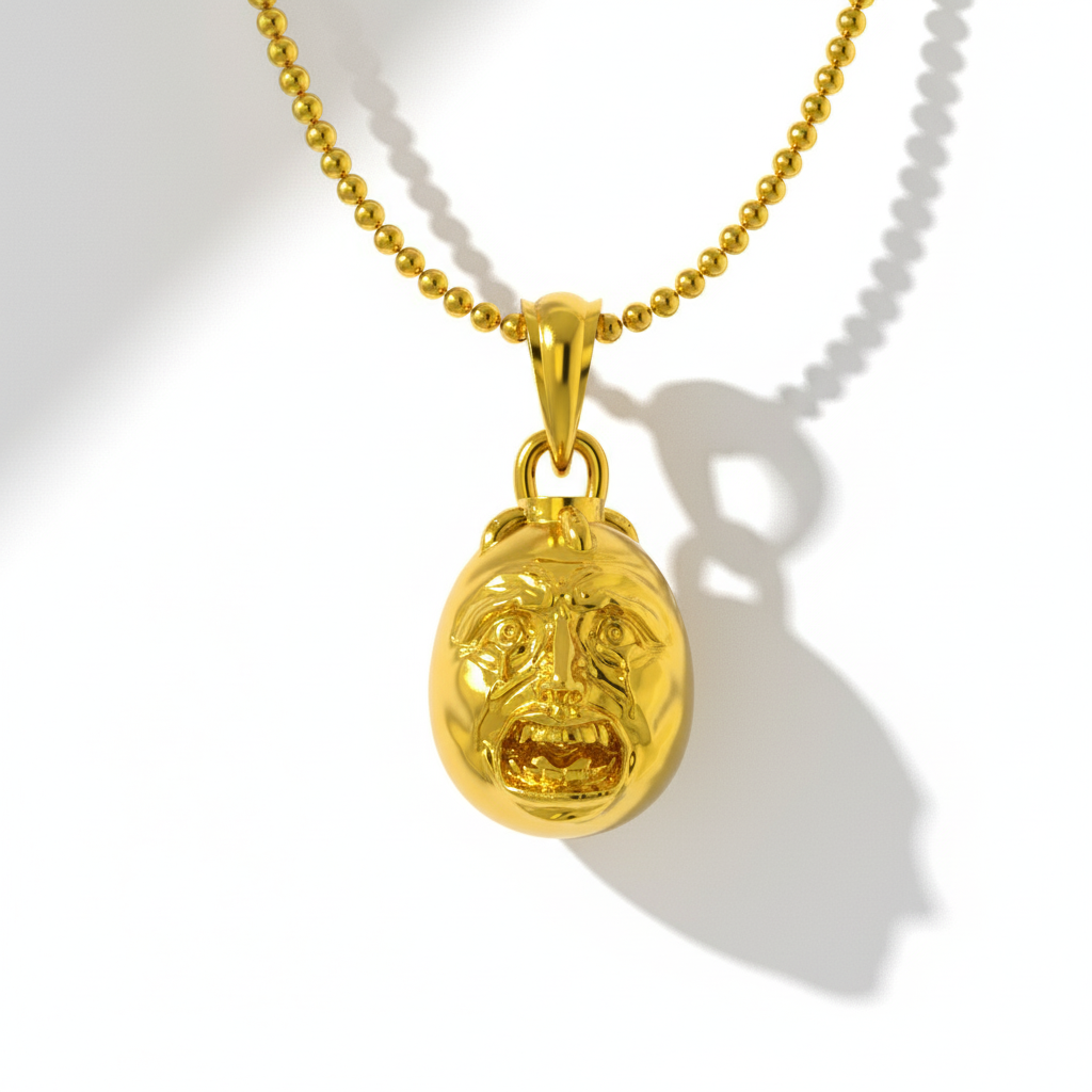 A silver pendant with a dark, rugged design, featuring a character's face, attached to a chain against a red, shadowy background.