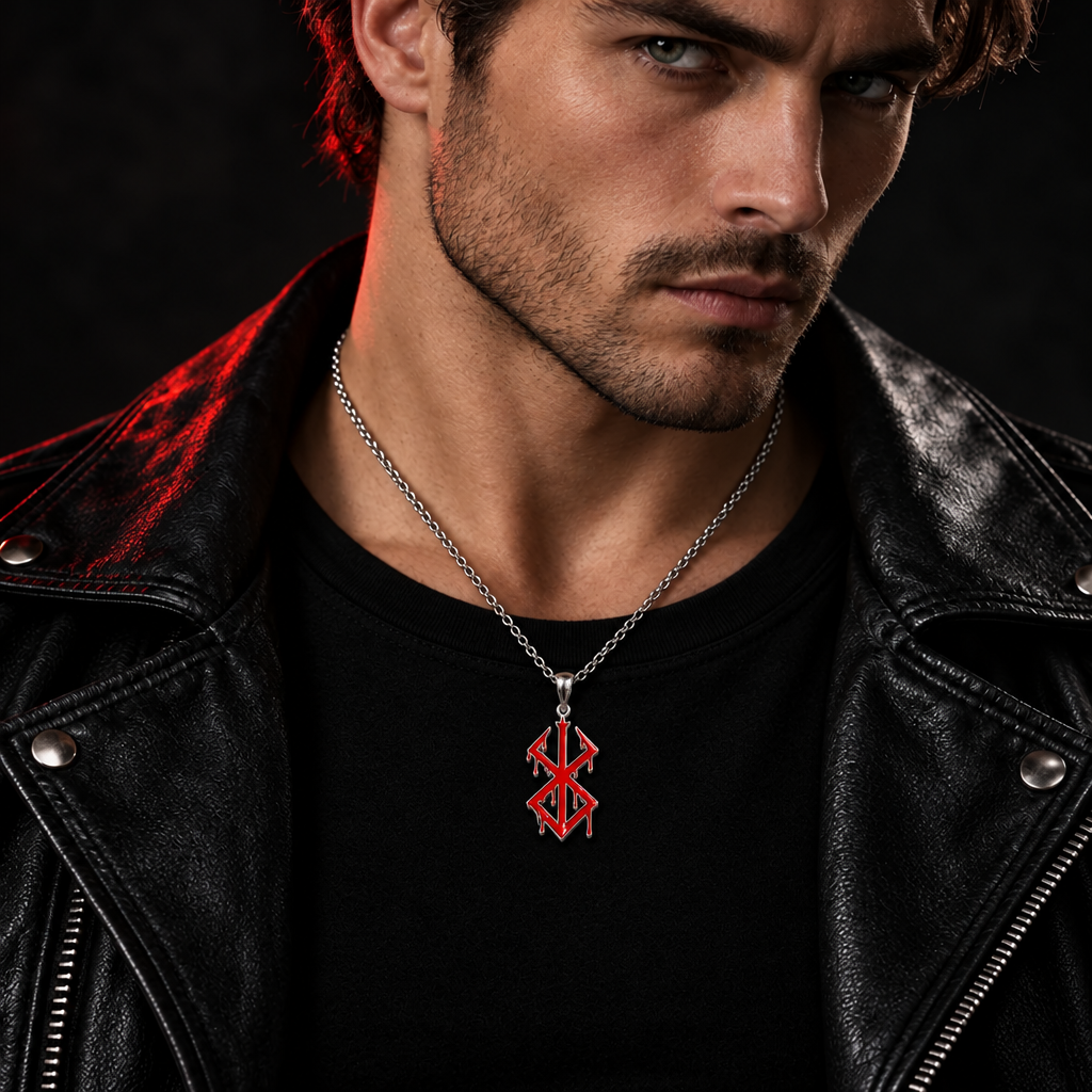 A close-up of a person wearing a silver chain necklace with a red and silver pendant featuring a dripping cross-like design, styled with a black t-shirt and black leather jacket.