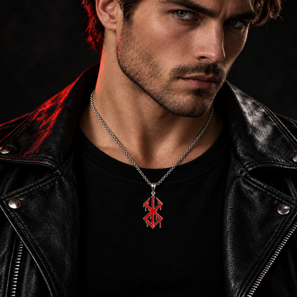 A close-up of a person wearing a silver chain necklace with a red and silver pendant featuring a dripping cross-like design, styled with a black t-shirt and black leather jacket.