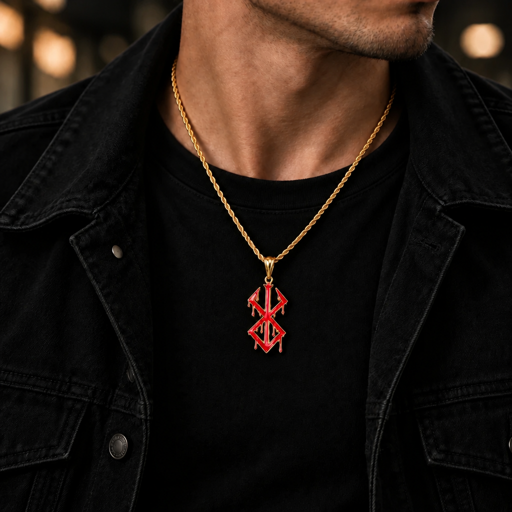 A gold chain necklace with a red and gold cross pendant, worn by a man in a black shirt and black denim jacket.