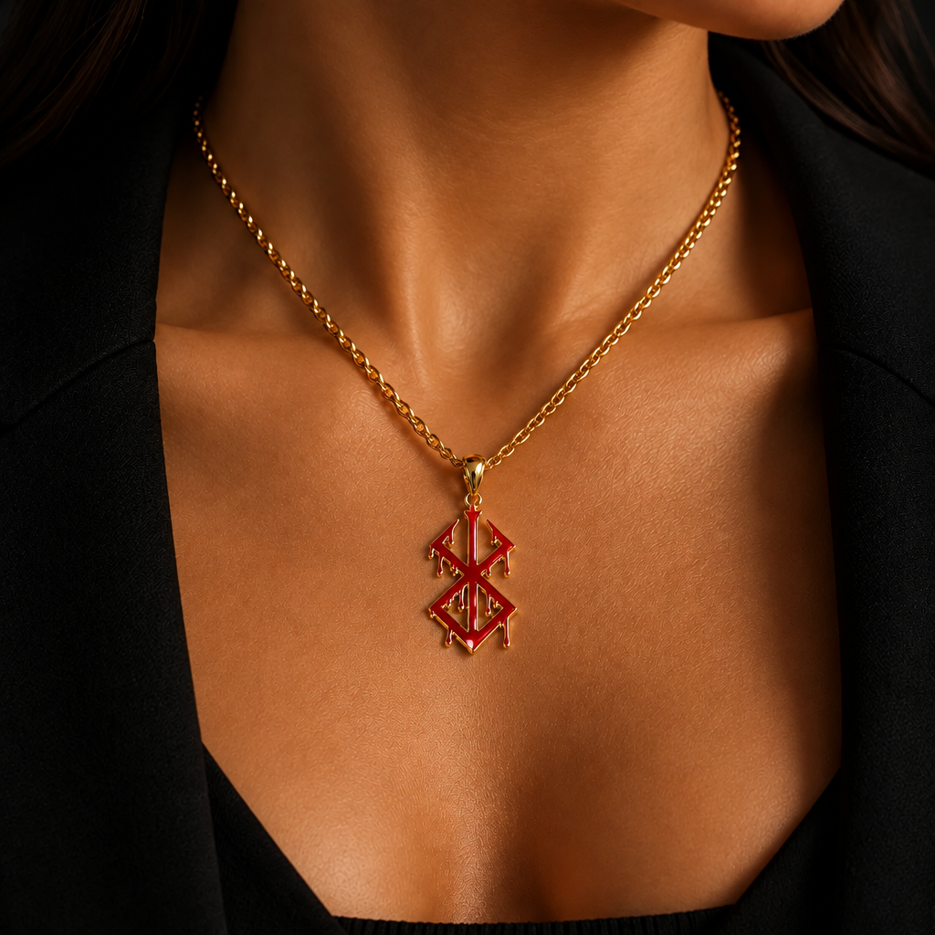 A close-up of a model wearing a gold chain necklace with a pendant featuring a red and gold dripping design.