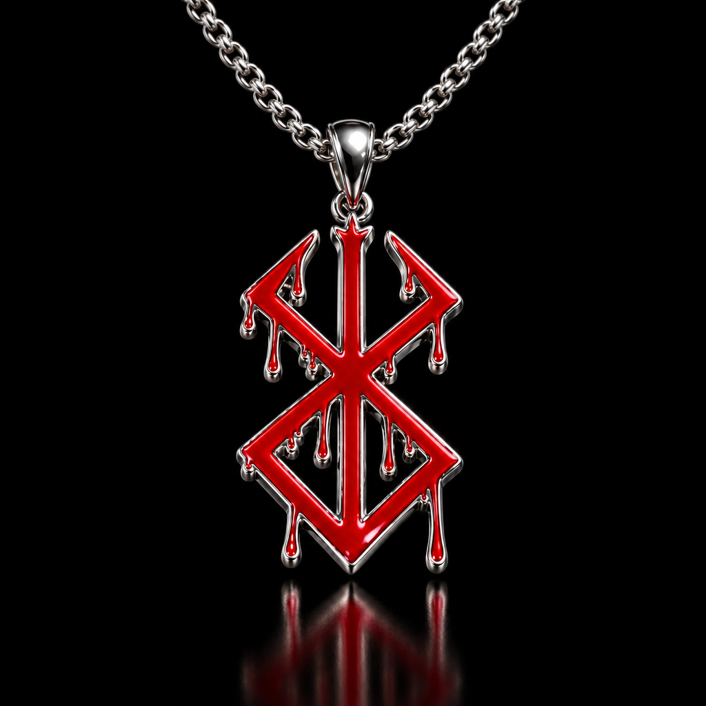 A silver pendant with a red enamel runic symbol featuring dripping details, displayed on a rustic wooden surface.