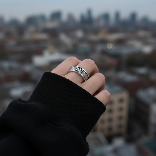 Hand wearing a silver ring with a blurred cityscape in the background