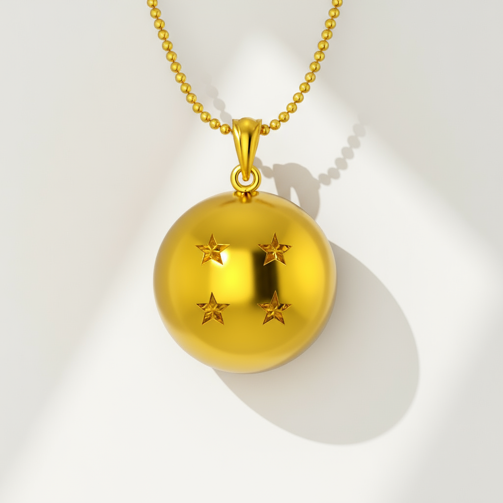 Gold necklace with a spherical pendant featuring star designs on a light gray background