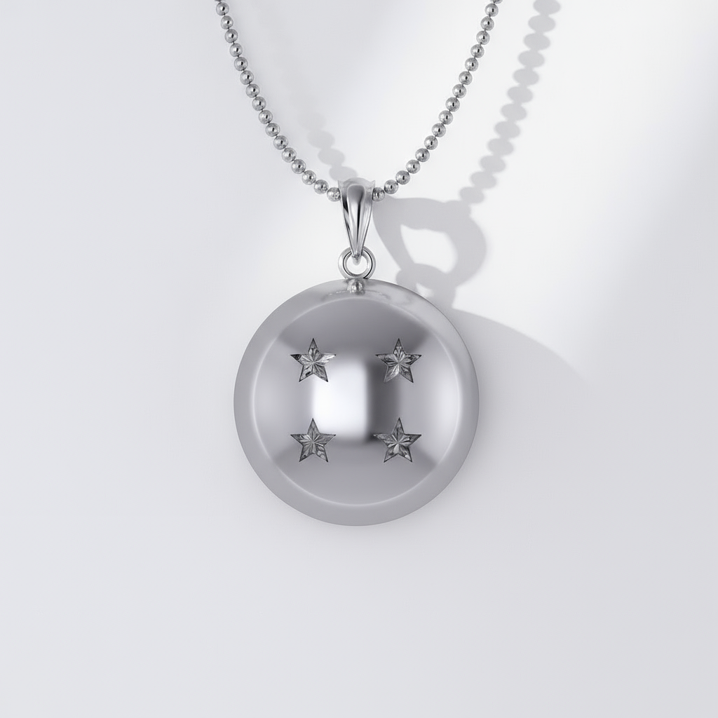 Silver necklace with a round pendant featuring star designs on a light gray background