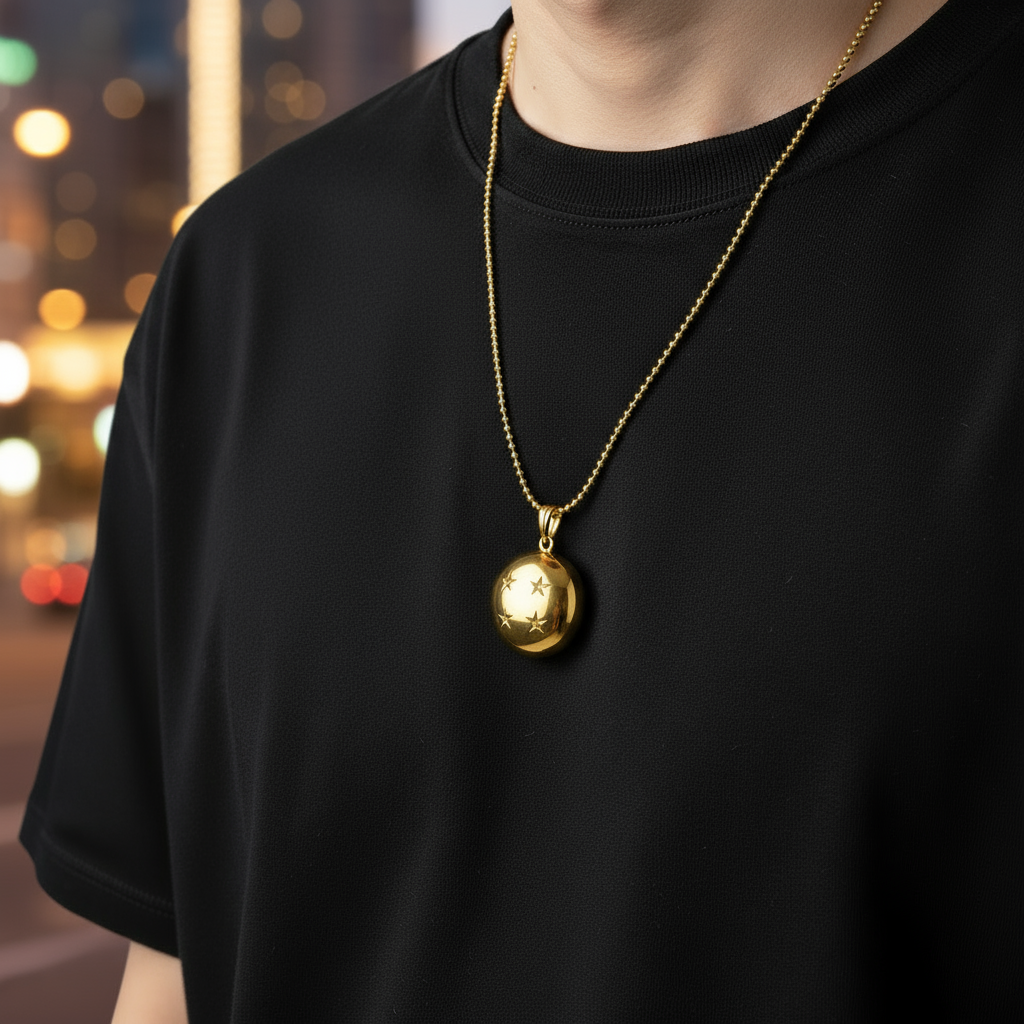 Person wearing a black t-shirt with a gold necklace featuring a round pendant on a gray background